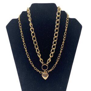 Double-Strand Curb Chain Heart‎ Pendant Women’s Necklace Gold Tone